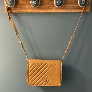 Auth. Tory Burch camel bag, long strap, gold hardware